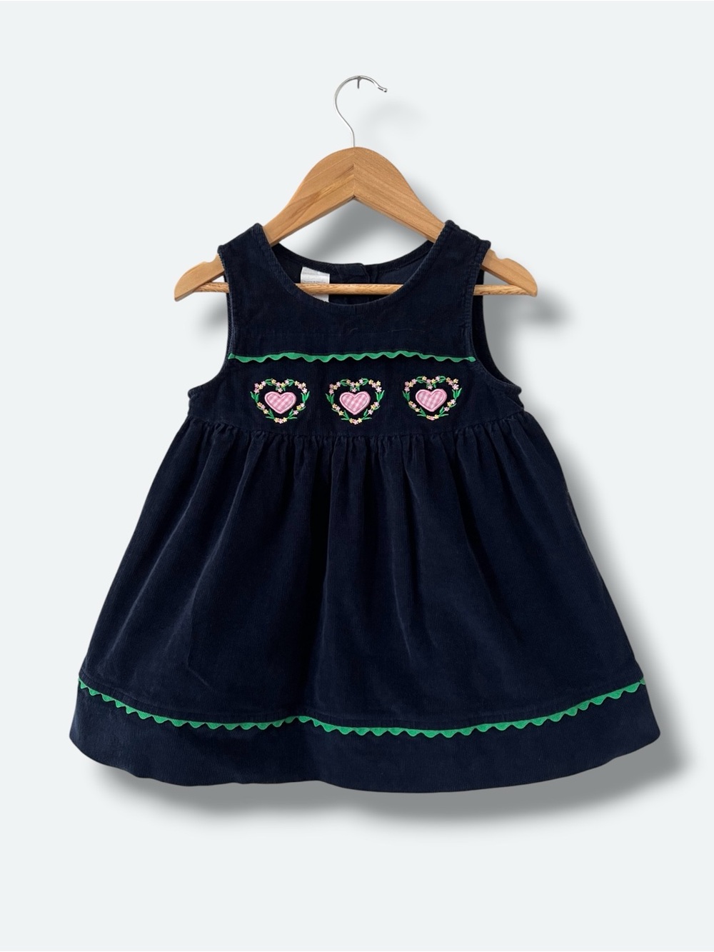 Vintage Girls Corduroy Dress Size 3T Navy Embroidered Hearts Flowers Ric Rac